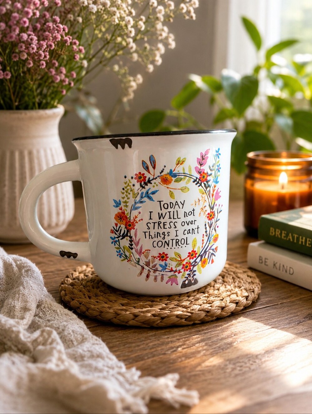 NWT Inspirational Ceramic Mug “Today I Will Not Stress” Floral Coffee Cup